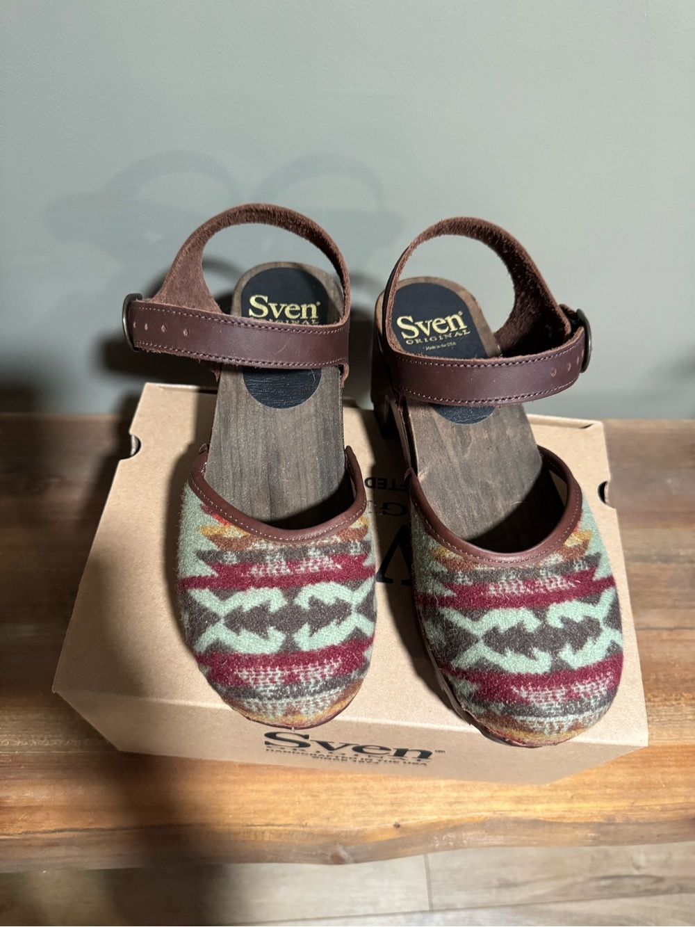 Sven Brown Leather Mary Jane Clogs with Multicolor Aztec Knit 40